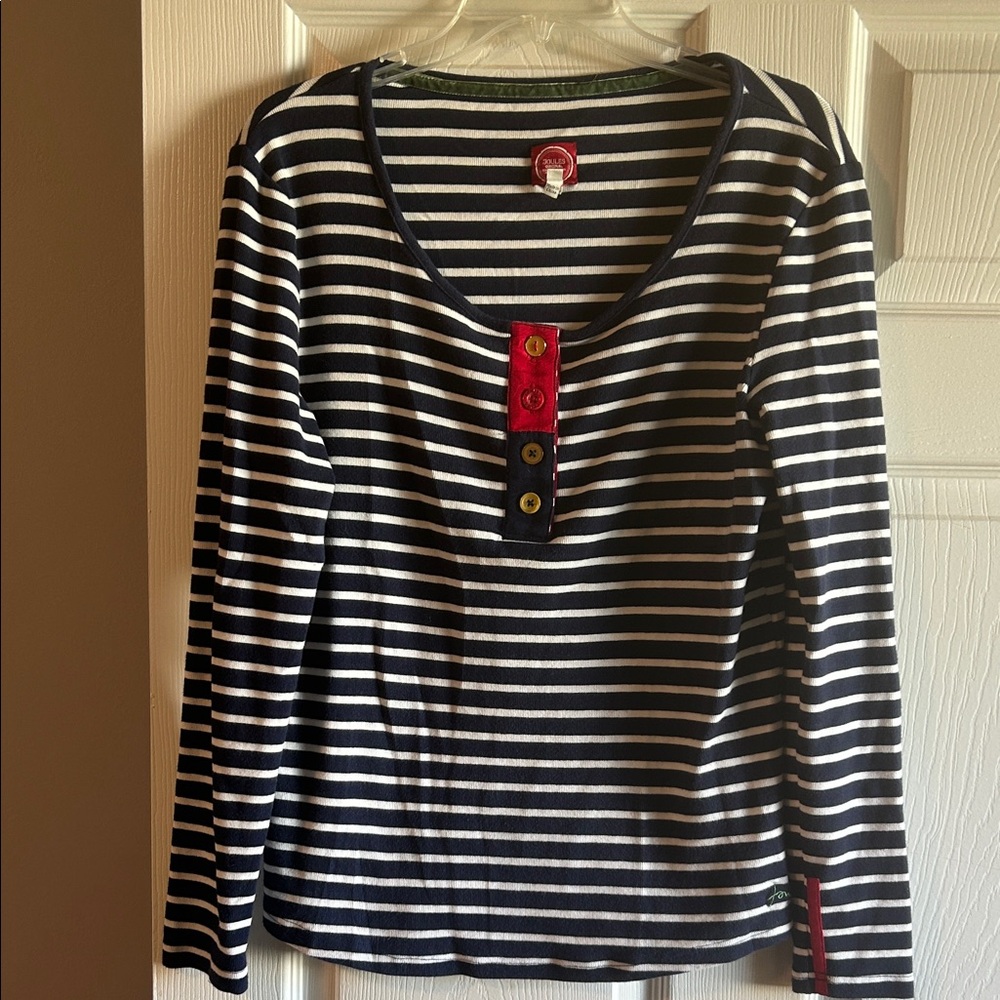 Joules Navy and White Striped Top with Red Label
